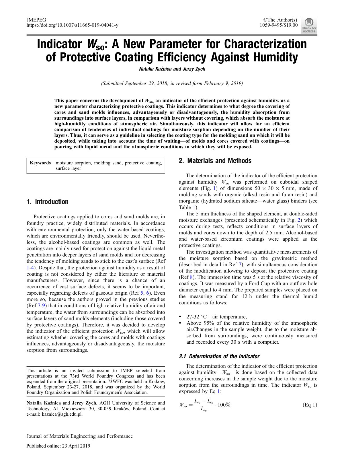First page of Indicator Wso: A New Parameter for Characterization of Protective Coating Efﬁciency Against Humidity