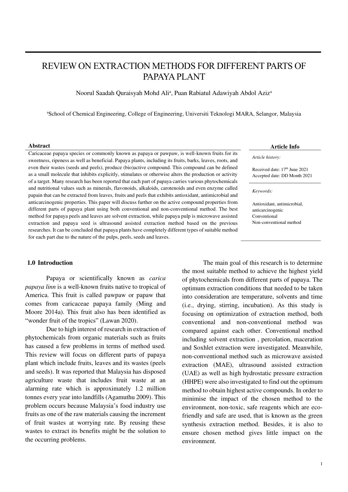 First page of REVIEW ON EXTRACTION METHODS FOR DIFFERE