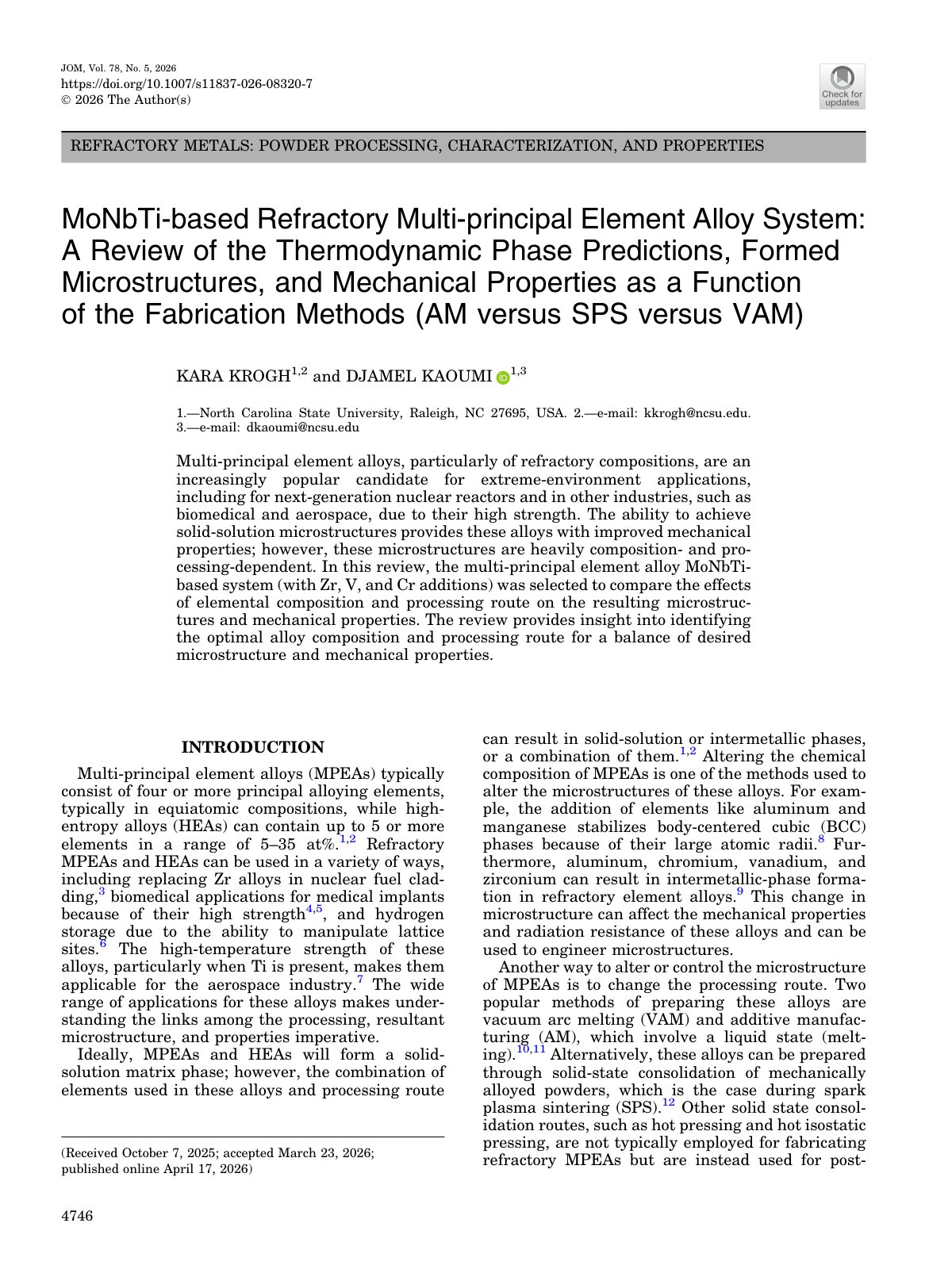 First page of MoNbTi-based Refractory Multi-principal Element Alloy System: A Review of the Thermodynamic Phase Predictions, Formed Microstructures, and Mechanical Properties as a Function of the Fabrication Methods (AM versus SPS versus VAM)