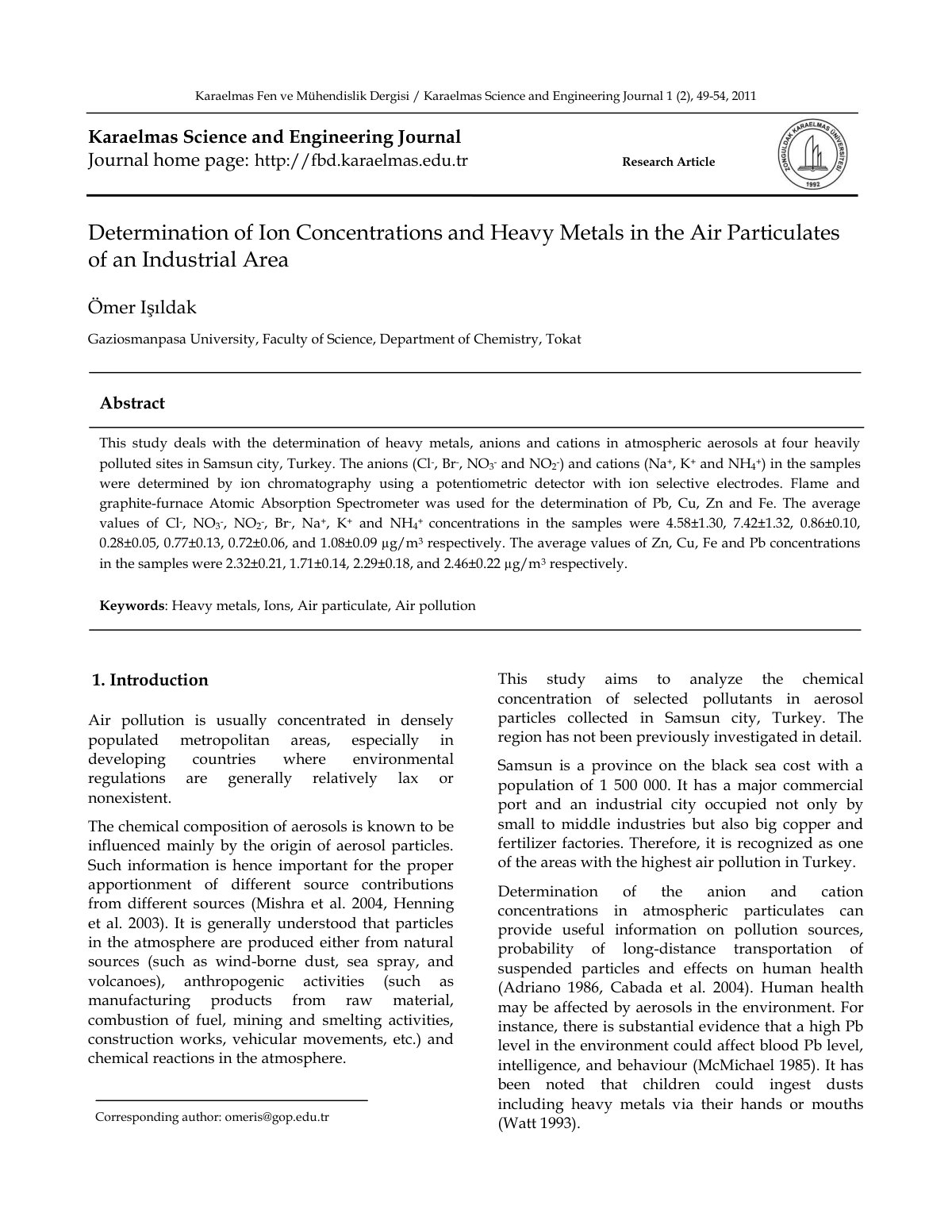 First page of Determination of Ion Concentrations and Heavy Metals in the Air Particulates of an Industrial Area