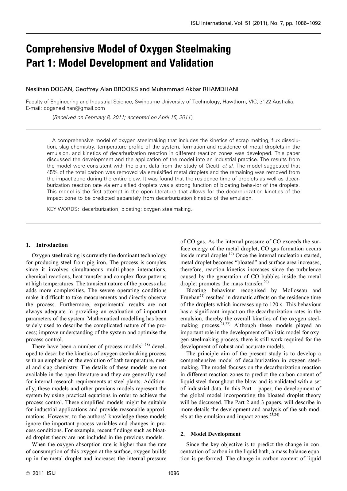 First page of Comprehensive Model of Oxygen Steelmaking Part 1: Model Development and Validation