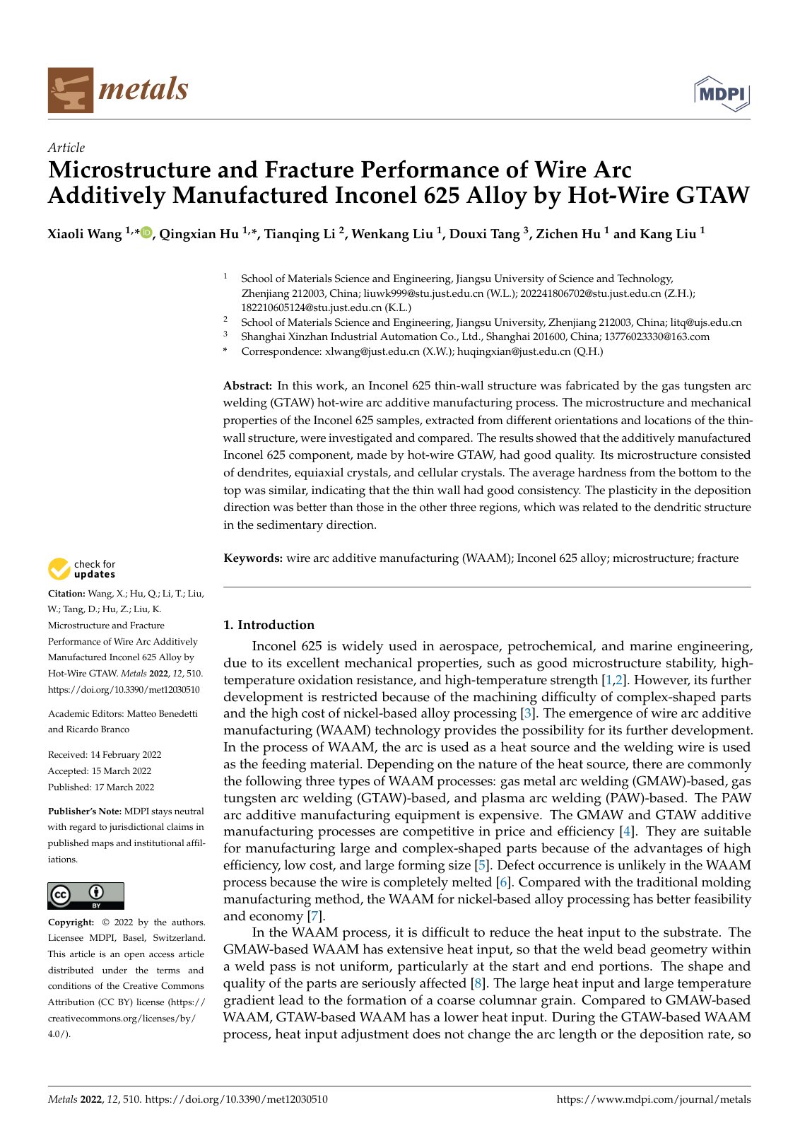 First page of Microstructure and Fracture Performance of Wire Arc Additively Manufactured Inconel 625 Alloy by Hot-Wire GTAW