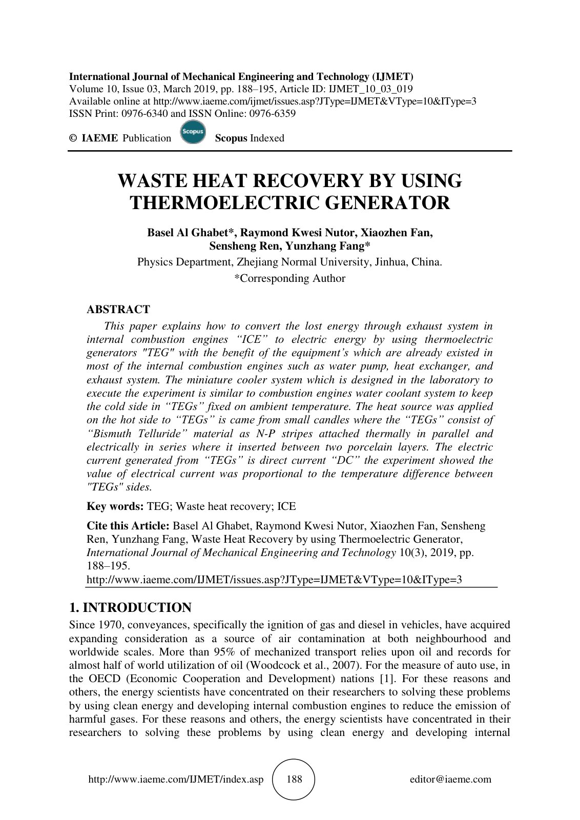 First page of WASTE HEAT RECOVERY BY USING THERMOELECT