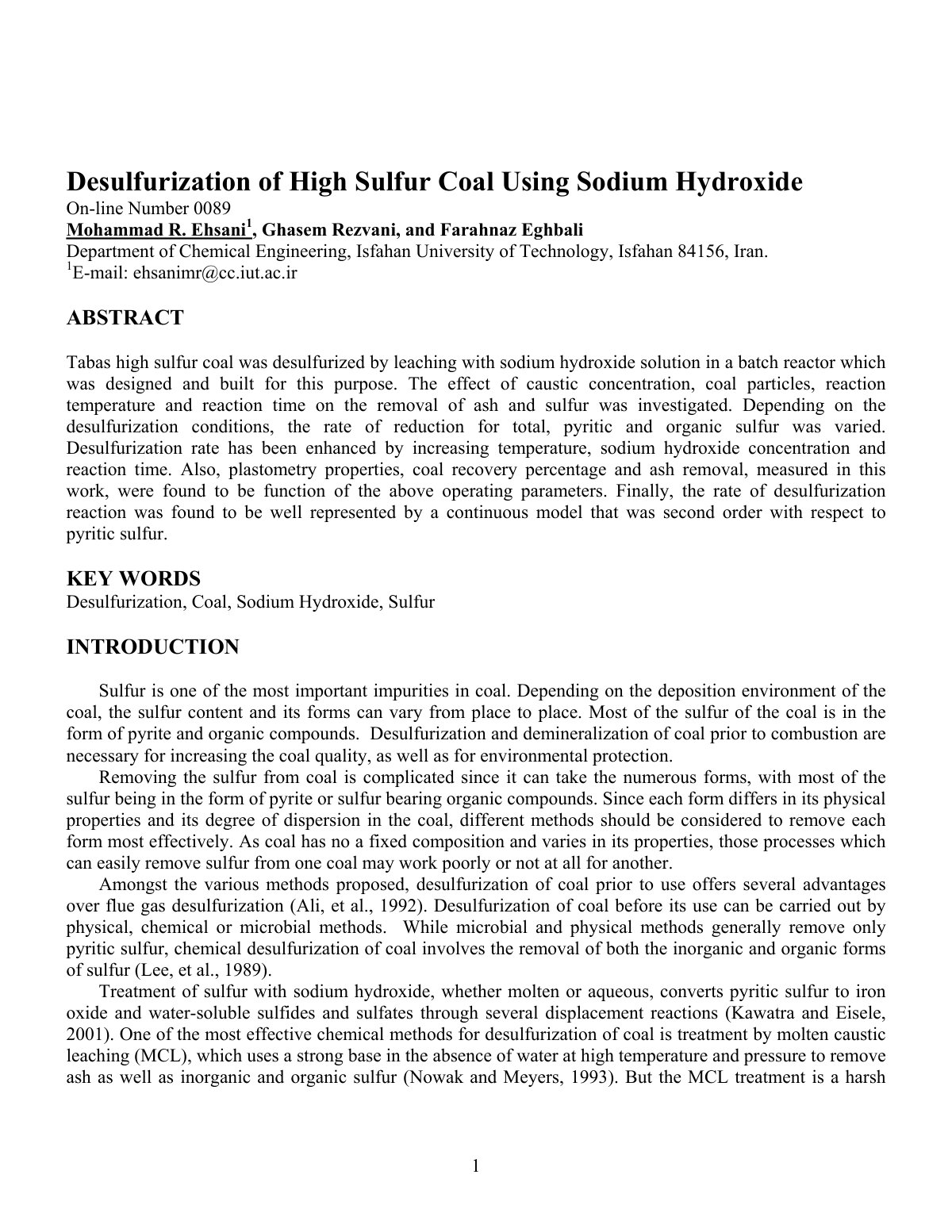 First page of Desulfurization of High Sulfur Coal usin