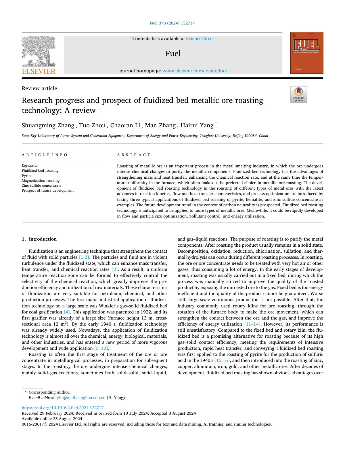 First page of Research progress and prospect of fluidized bed metallic ore roasting technology: A review