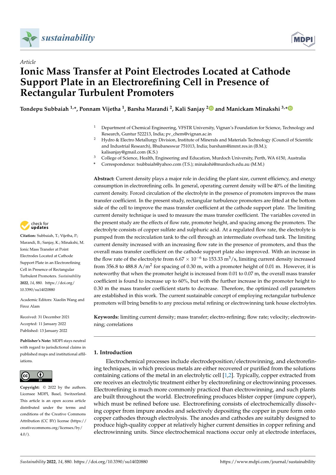 First page of Ionic Mass Transfer at Point Electrodes Located at Cathode Support Plate in an Electroreﬁning Cell in Presence of Rectangular Turbulent Promoters