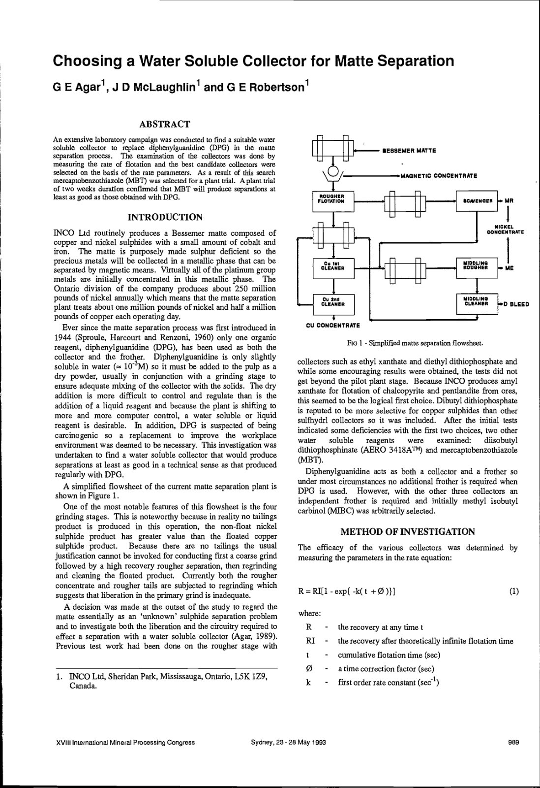 First page of Choosing a Water Soluble Collector for Matte Separation