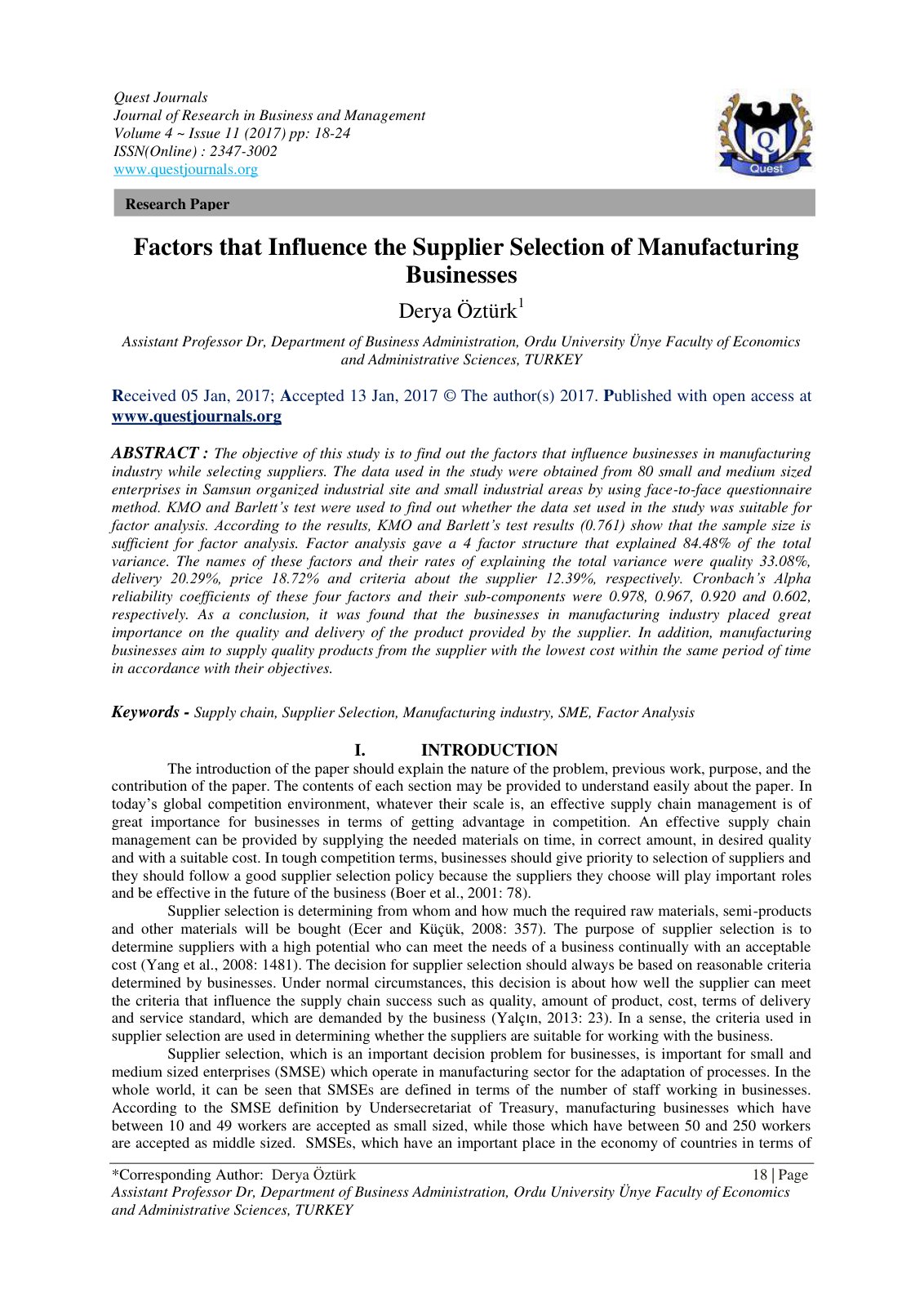 First page of Factors that Influence the Supplier Sele
