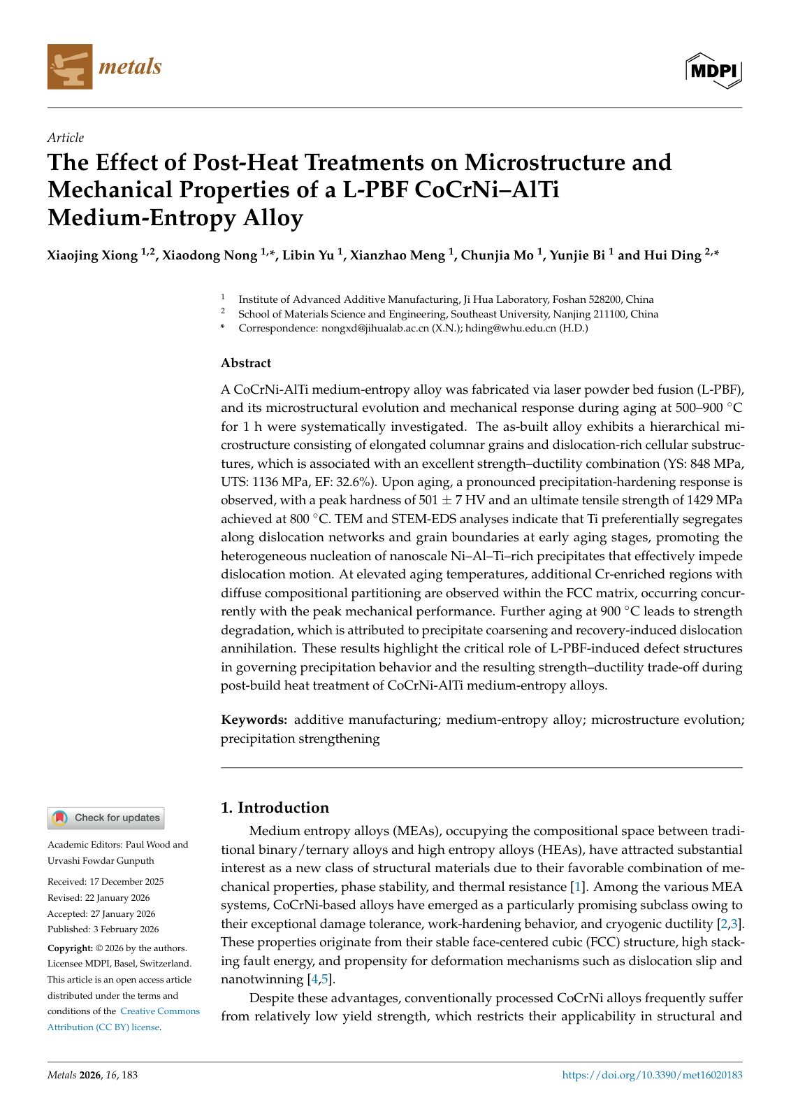 First page of The Effect of Post-Heat Treatments on Microstructure and Mechanical Properties of a L-PBF CoCrNi–AlTi Medium-Entropy Alloy