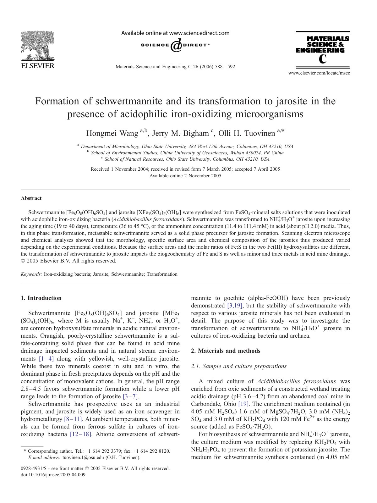 First page of Formation of schwertmannite and its transformation to jarosite in the presence of acidophilic iron-oxidizing microorganisms