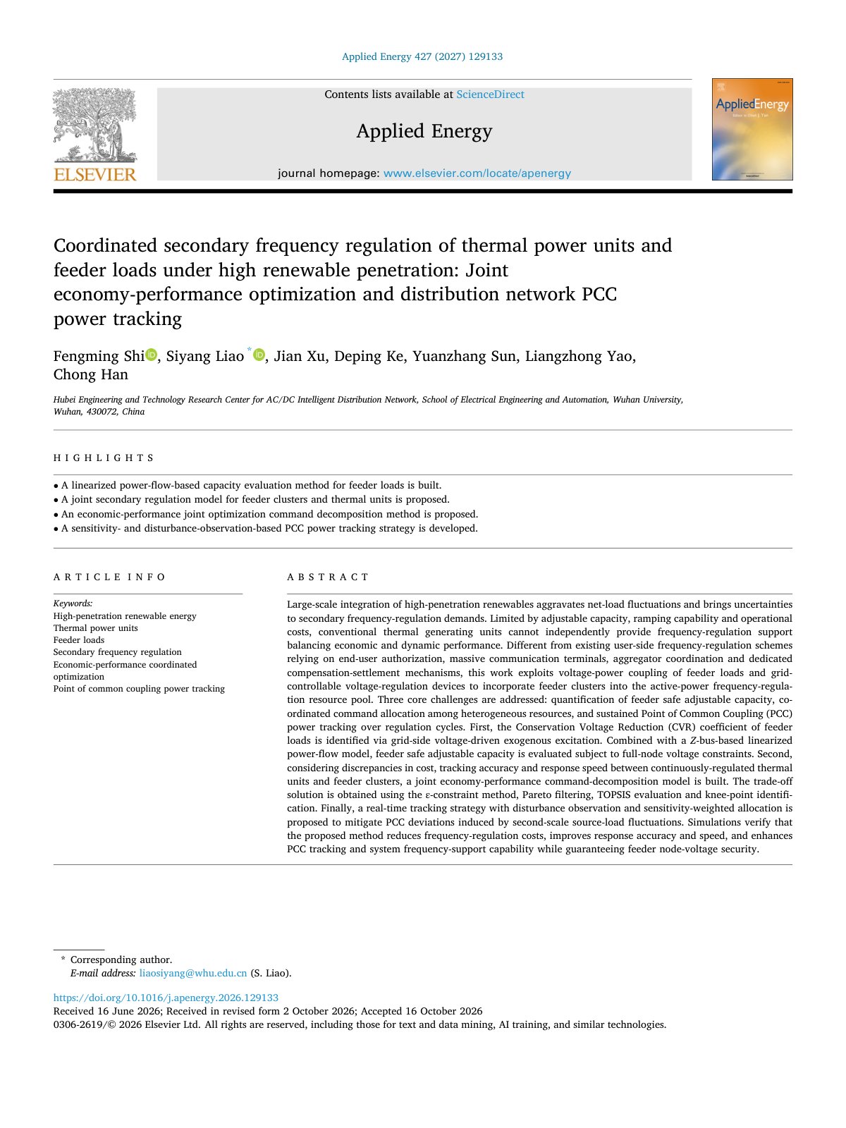 First page of Coordinated secondary frequency regulation of thermal power units  2027 Appl