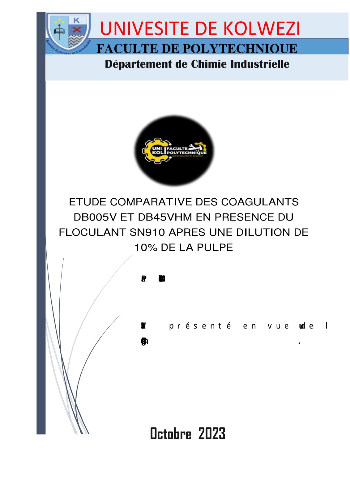 First page of ETUDE COMPARATIVE DES COAGULANTS DB005V ET DB45VHM EN PRESENCE DU FLOCULANT SN910 APRES UNE DILUTION DE 10% DE LA PULPE