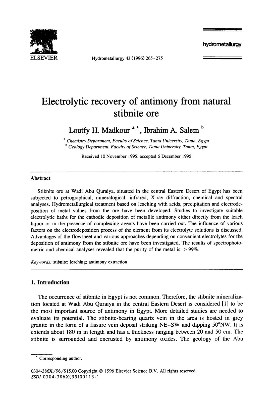 First page of Electrolytic recovery of antimony from n