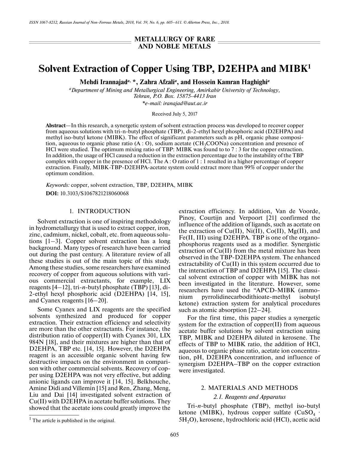 First page of Solvent Extraction of Copper Using TBP D