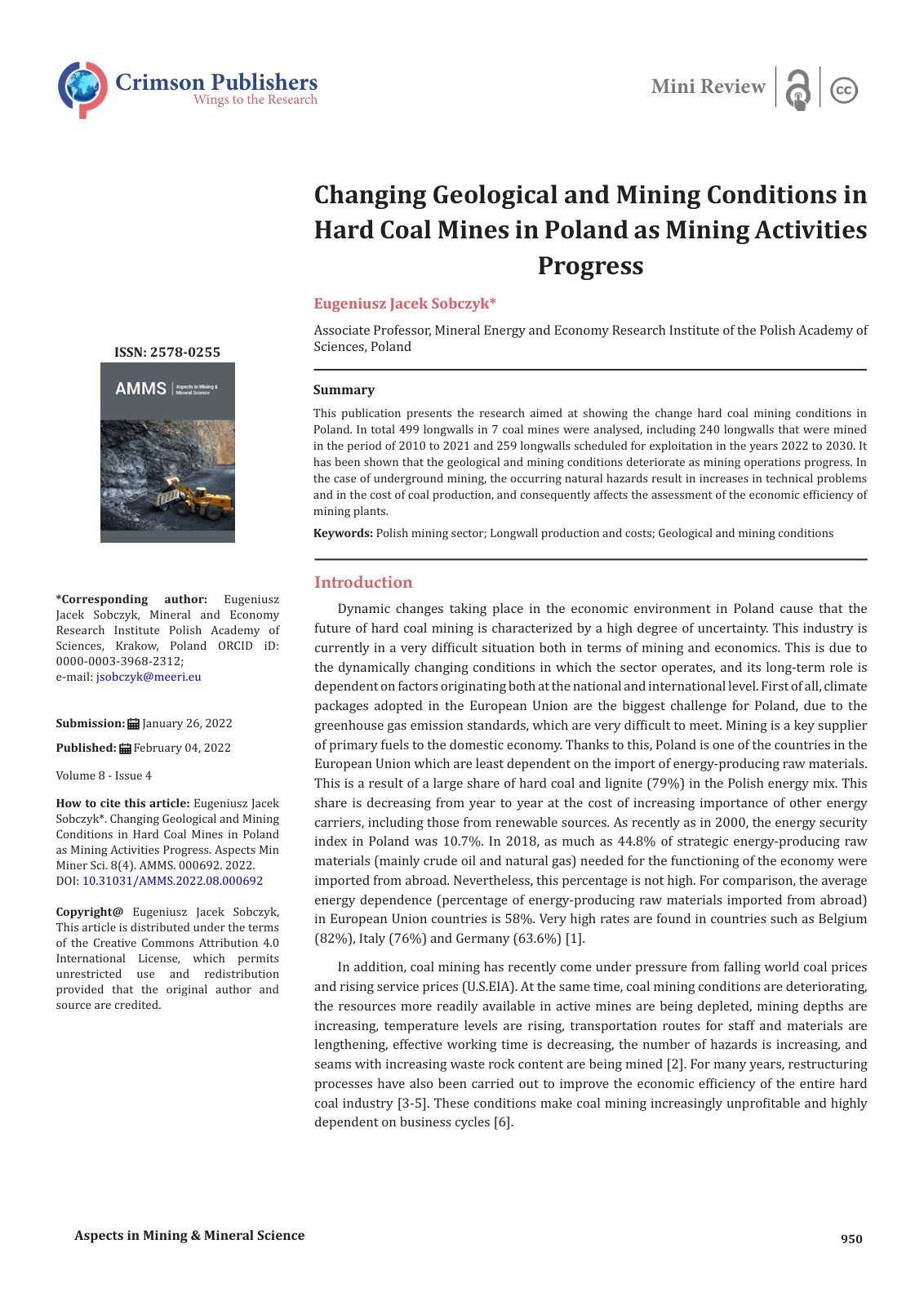First page of Changing Geological and Mining Conditions in Hard Coal Mines in Poland as Mining Activities Progress