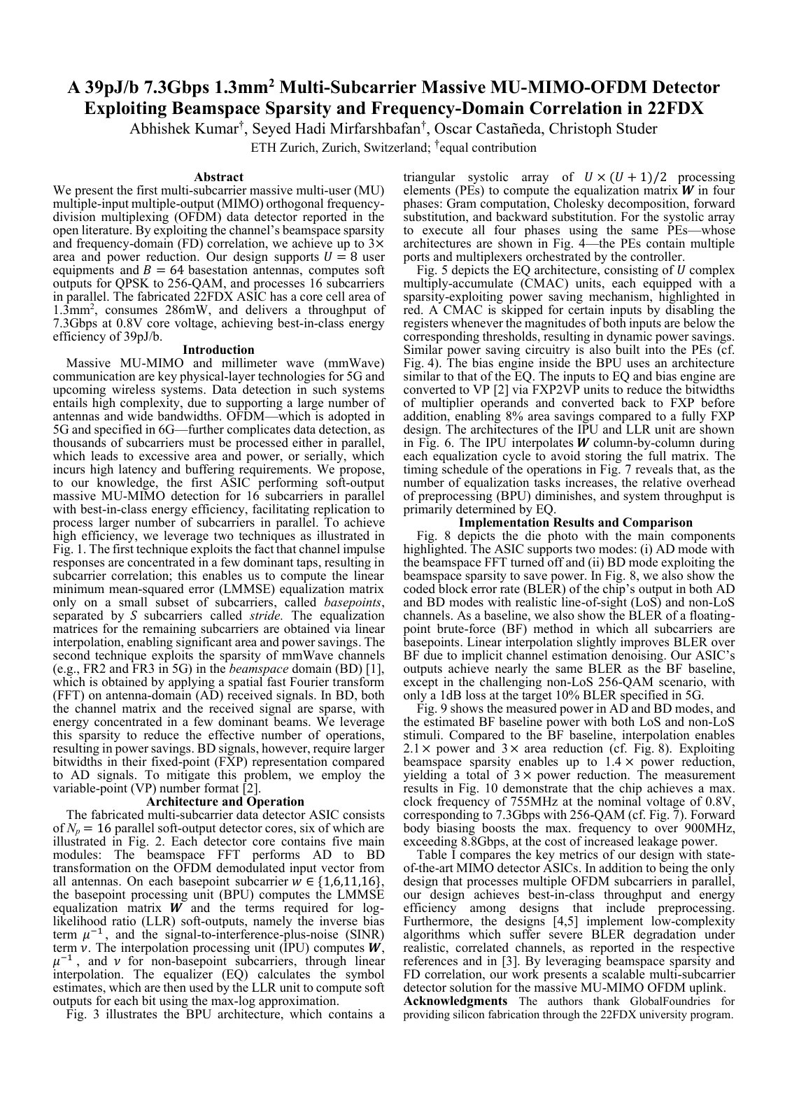 First page of A 39pJ/b 7.3Gbps 1.3mm2 Multi-Subcarrier Massive MU-MIMO-OFDM Detector Exploiting Beamspace Sparsity and Frequency-Domain Correlation in 22FDX