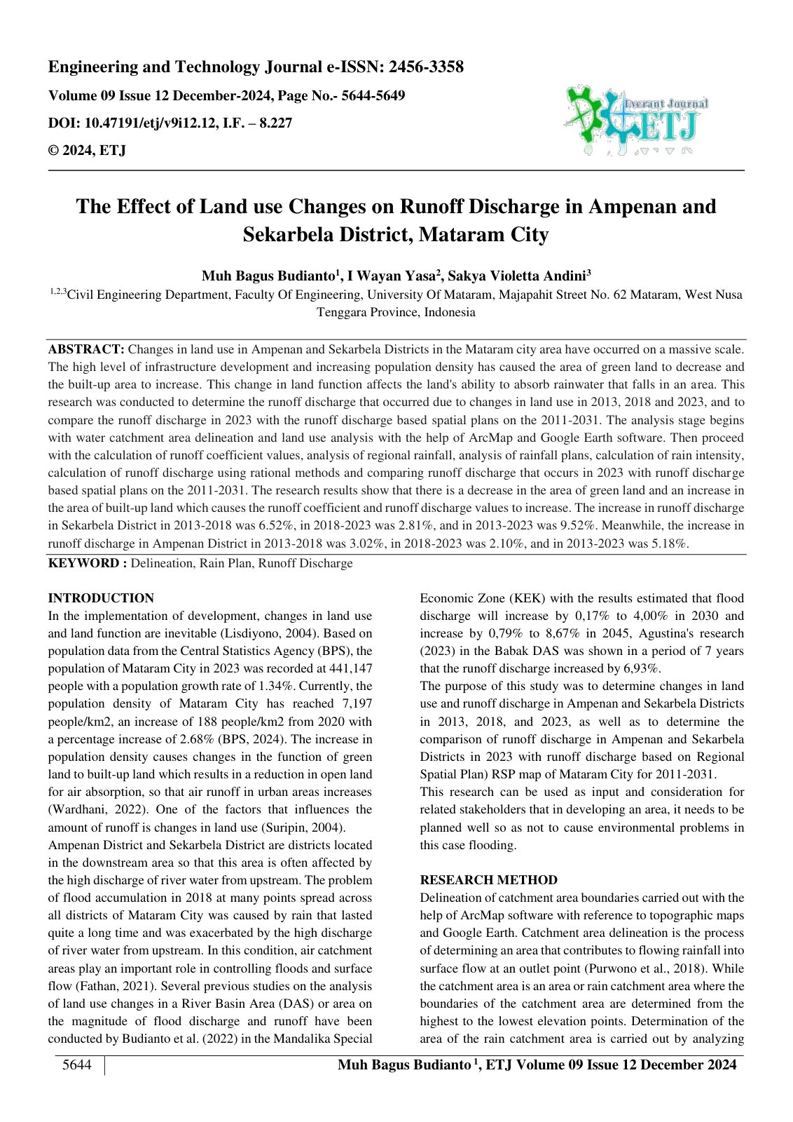 First page of The Effect of Land use Changes on Runoff Discharge in Ampenan and 