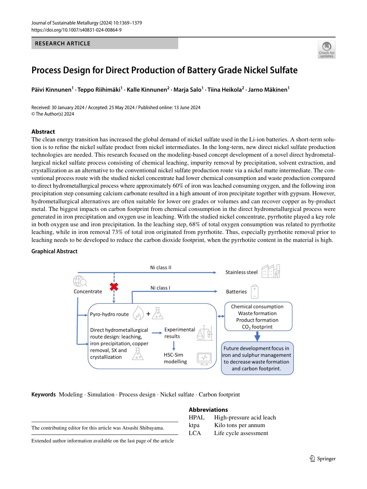 First page of 2024   Kinnunen   Direct production of battery grade nickel sulfate