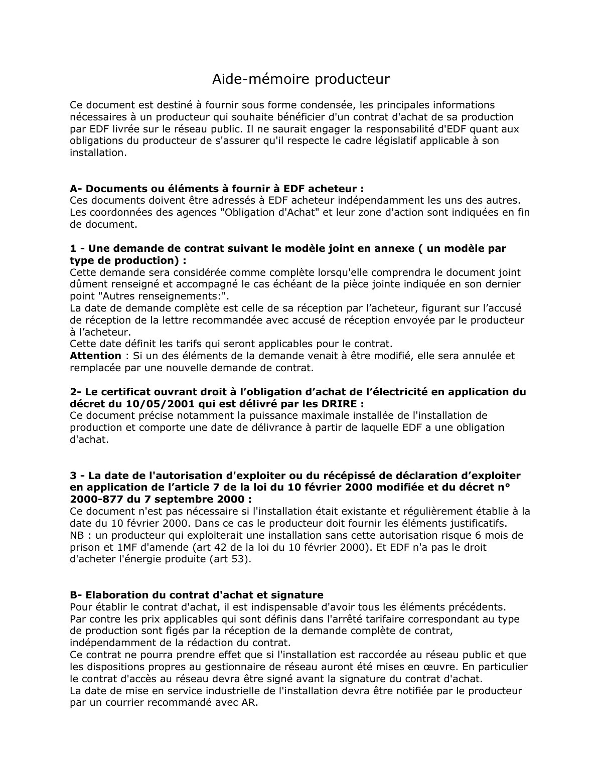 First page of Aide-mémoire producteur