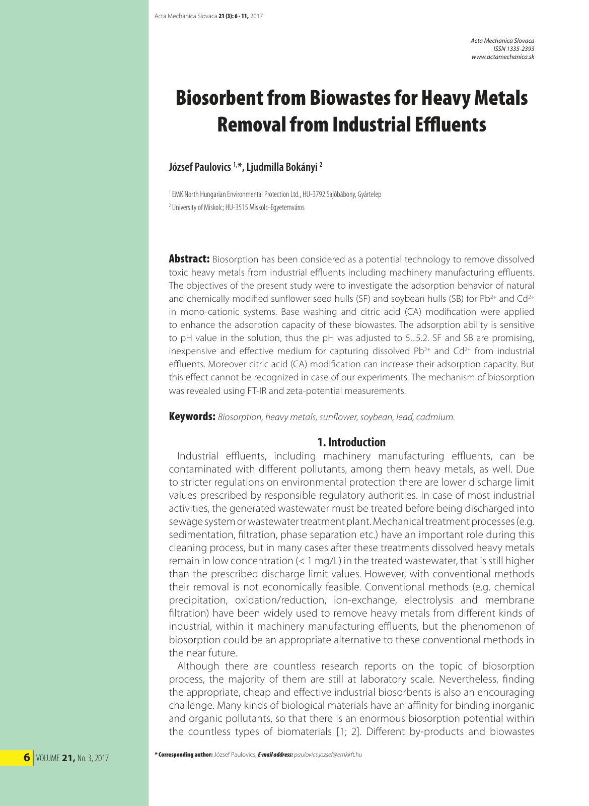 First page of Biosorbent from Biowastes for Heavy Meta