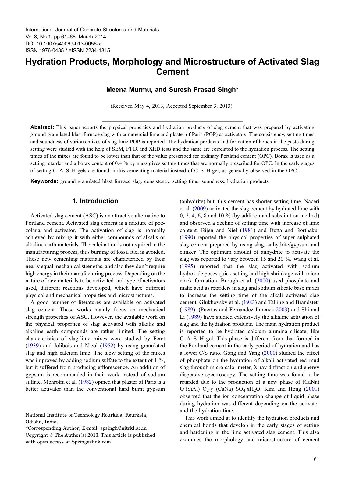 First page of Hydration Products, Morphology and Microstructure of Activated Slag Cement