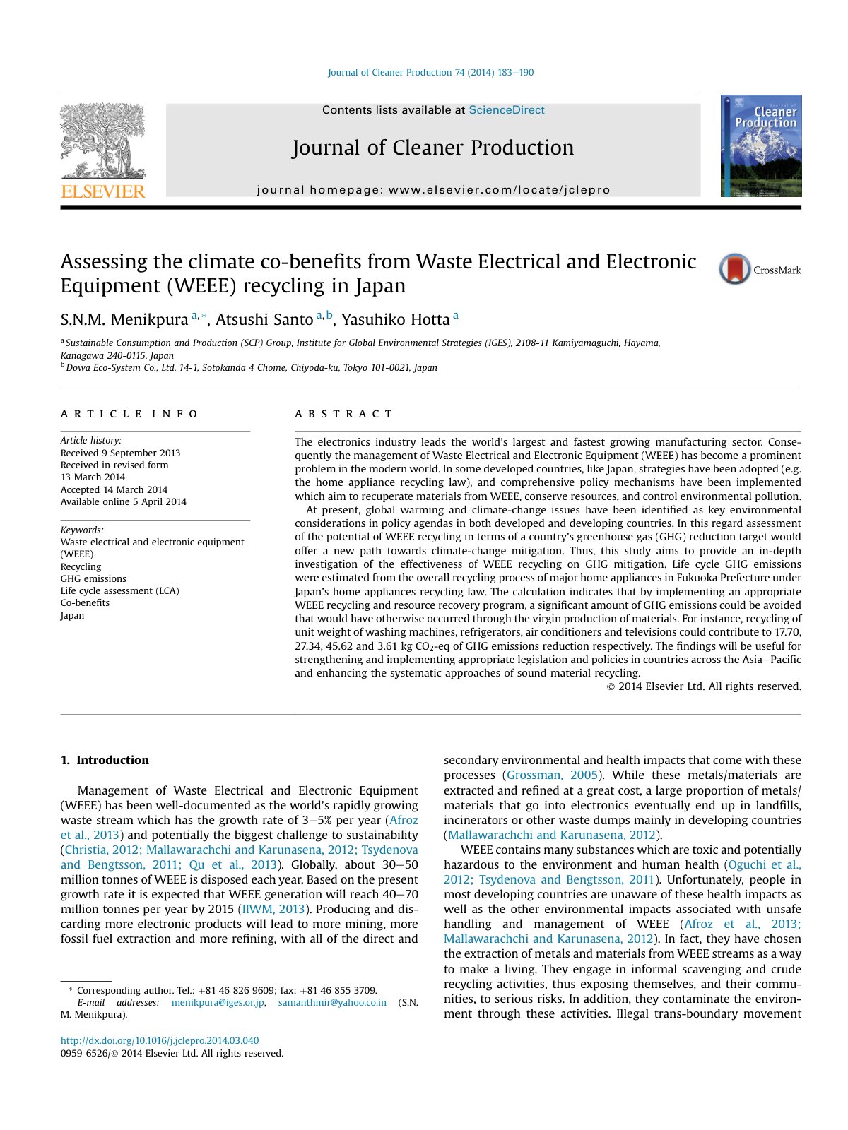 First page of Assessing the climate co benefits from Waste Electrical 2014 Journal of Clea
