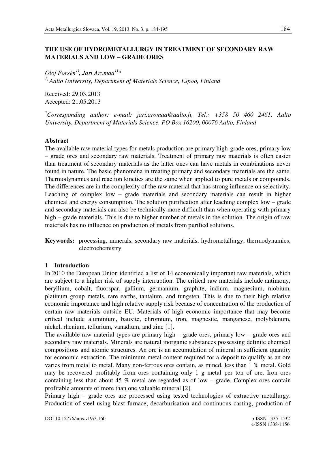 First page of THE USE OF HYDROMETALLURGY IN TREATMENT OF SECONDARY RAW MATERIALS AND LOW – GRADE ORES