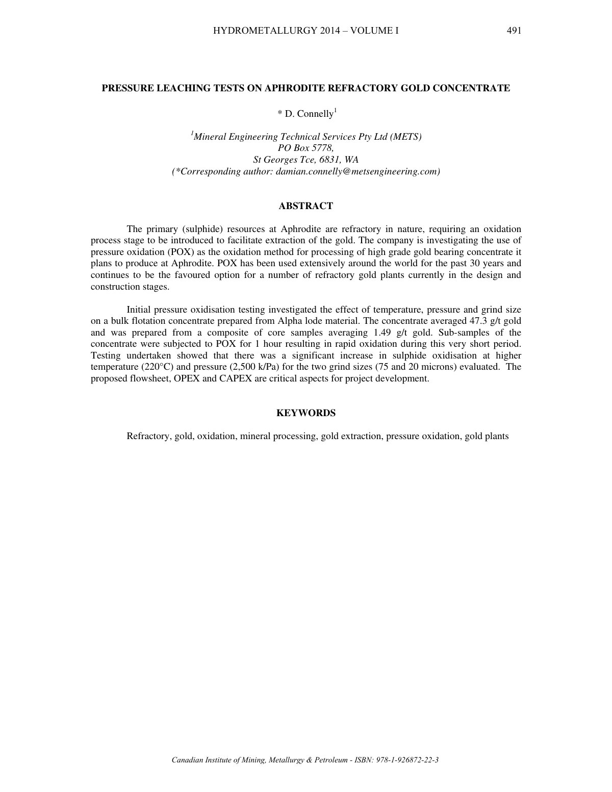 First page of PRESSURE LEACHING TESTS ON APHRODITE REFRACTORY GOLD CONCENTRATE