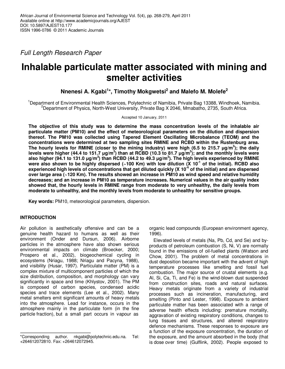 First page of Inhalable particulate matter associated with mining and smelter activities