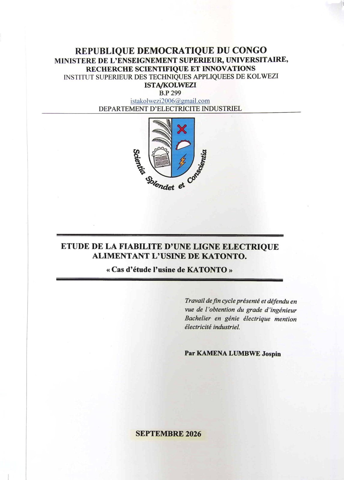 First page of ETUDE DE LA FIABILITE D'UNE LIGNE ELECTRIQUE ALIMENTANT L'USINE DE KATONTO