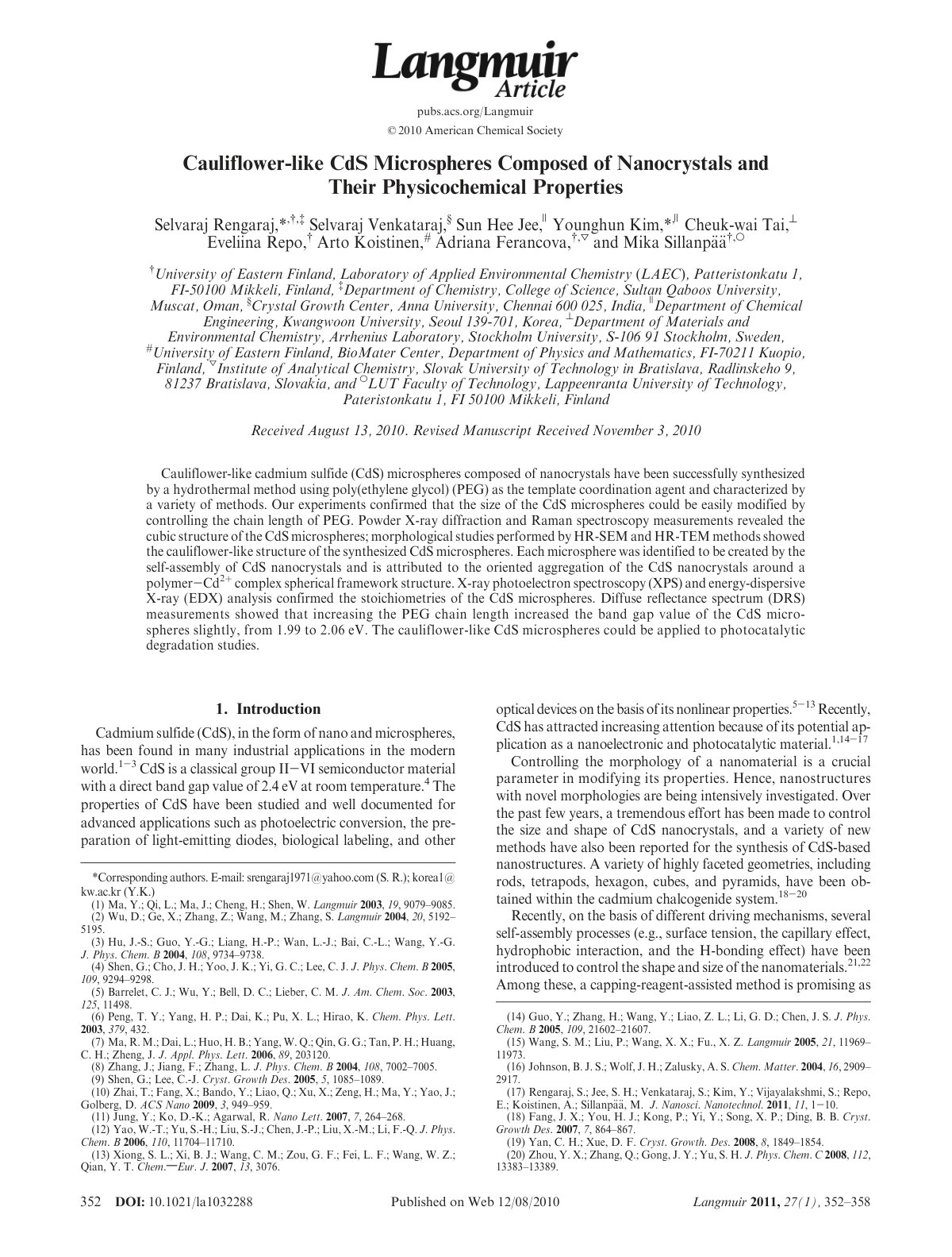 First page of Cauliflower-like CdS Microspheres Composed of Nanocrystals and Their Physicochemical Properties