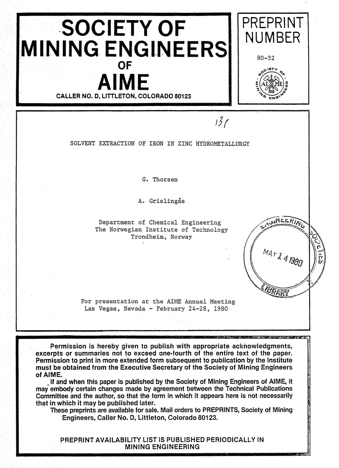 First page of Solvent Extraction of Iron in Zinc Hydrometallurgy