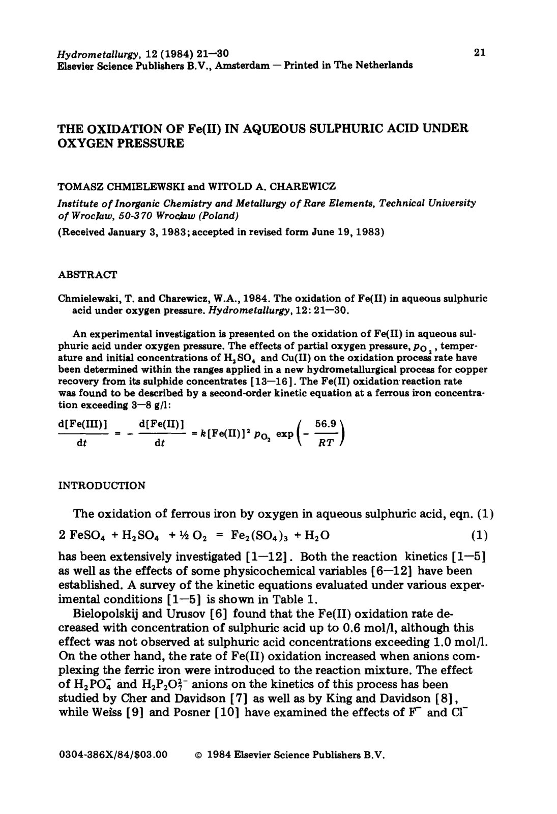 First page of THE OXIDATION OF Fe(II) IN AQUEOUS SULPHURIC ACID UNDER OXYGEN PRESSURE