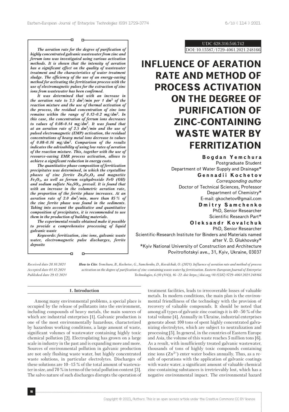First page of Influence of aeration rate and method of process activation on the degree of purification of zinc-containing waste water by ferritization