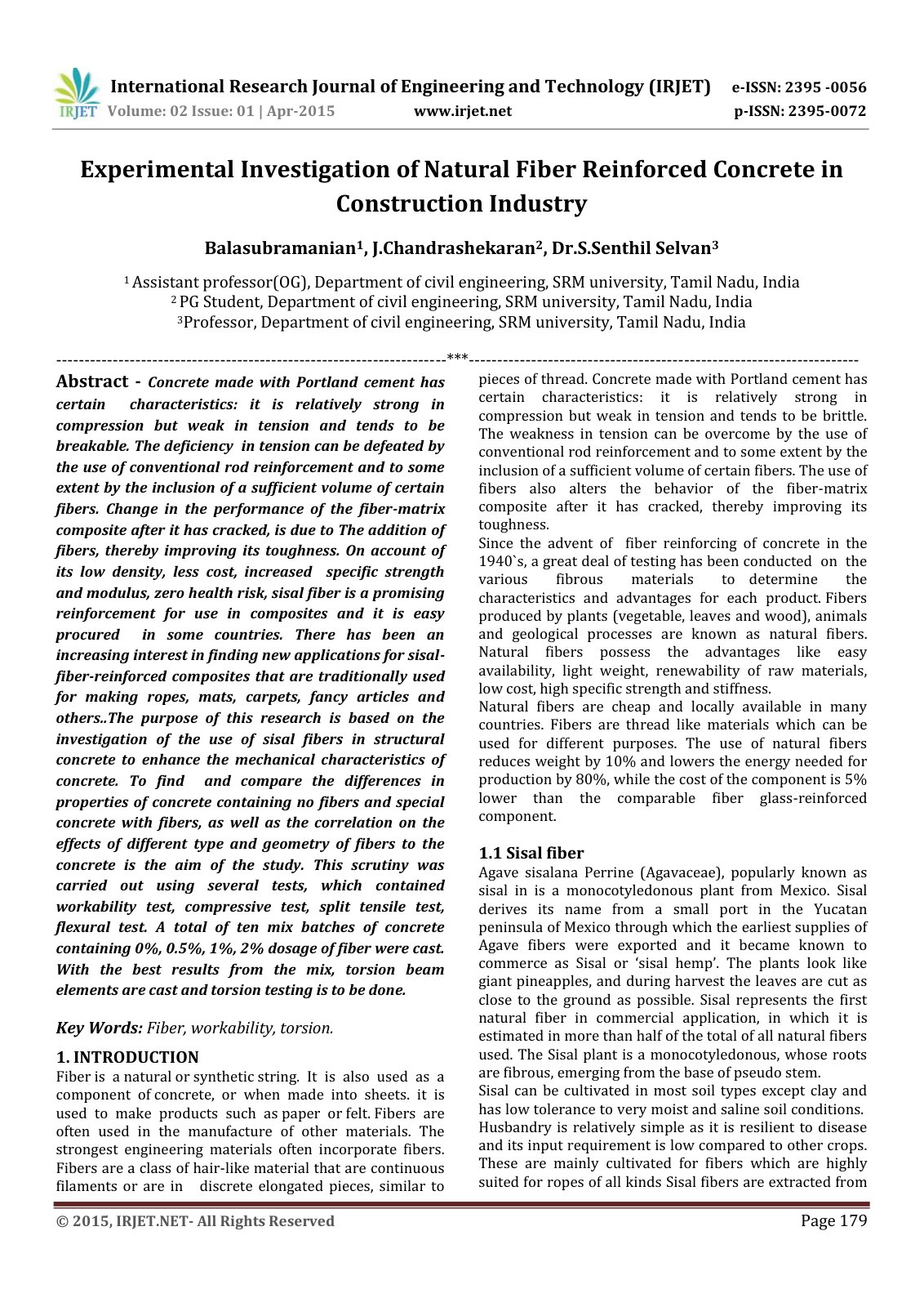 First page of Experimental Investigation of Natural Fiber Reinforced Concrete in Construction Industry