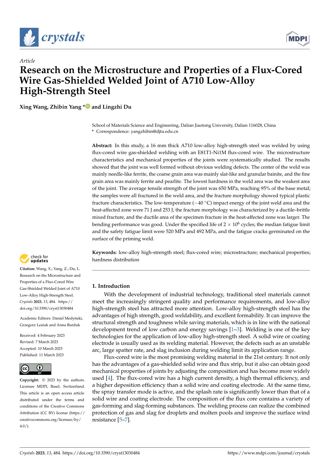 First page of Research on the Microstructure and Properties of a Flux-Cored Wire Gas-Shielded Welded Joint of A710 Low-Alloy High-Strength Steel