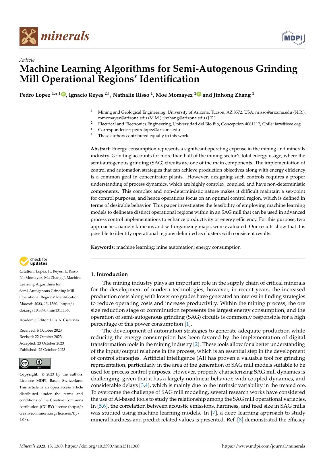 First page of Machine Learning Algorithms for Semi-Autogenous Grinding Mill Operational Regions' Identification