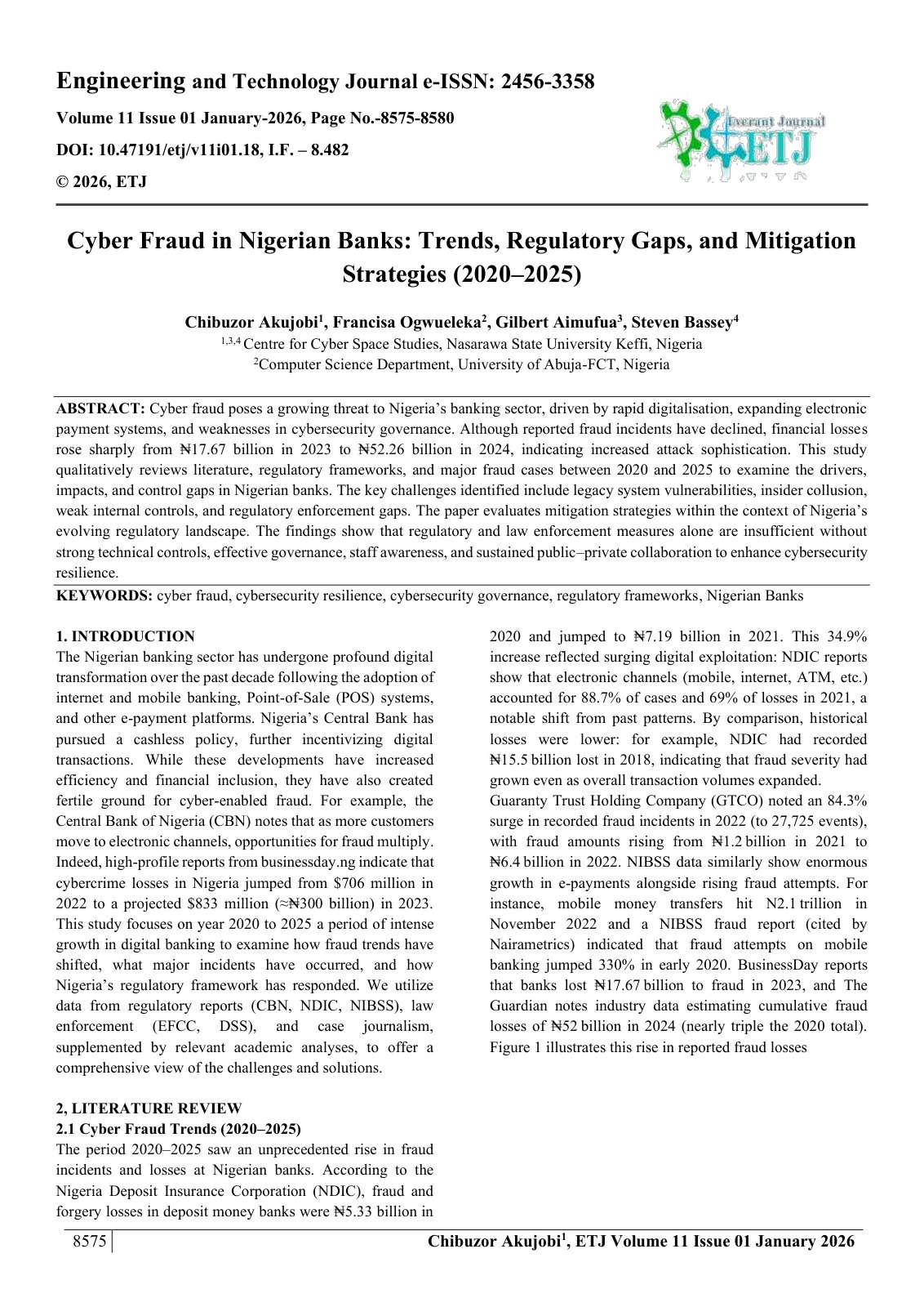 First page of Cyber Fraud in Nigerian Banks: Trends, Regulatory Gaps, and Mitigation  Strategies 