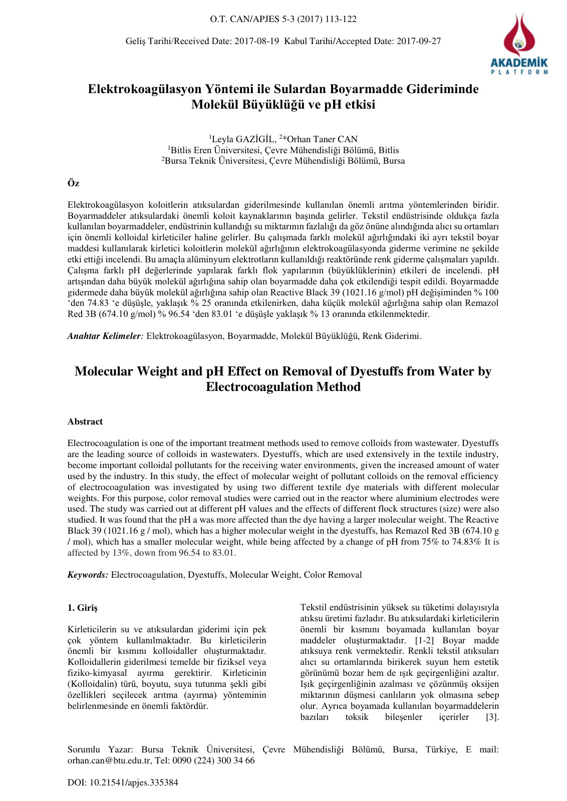 First page of Elektrokoagülasyon Yöntemi ile Sulardan Boyarmadde Gideriminde Molekül Büyüklüğü ve pH etkisi