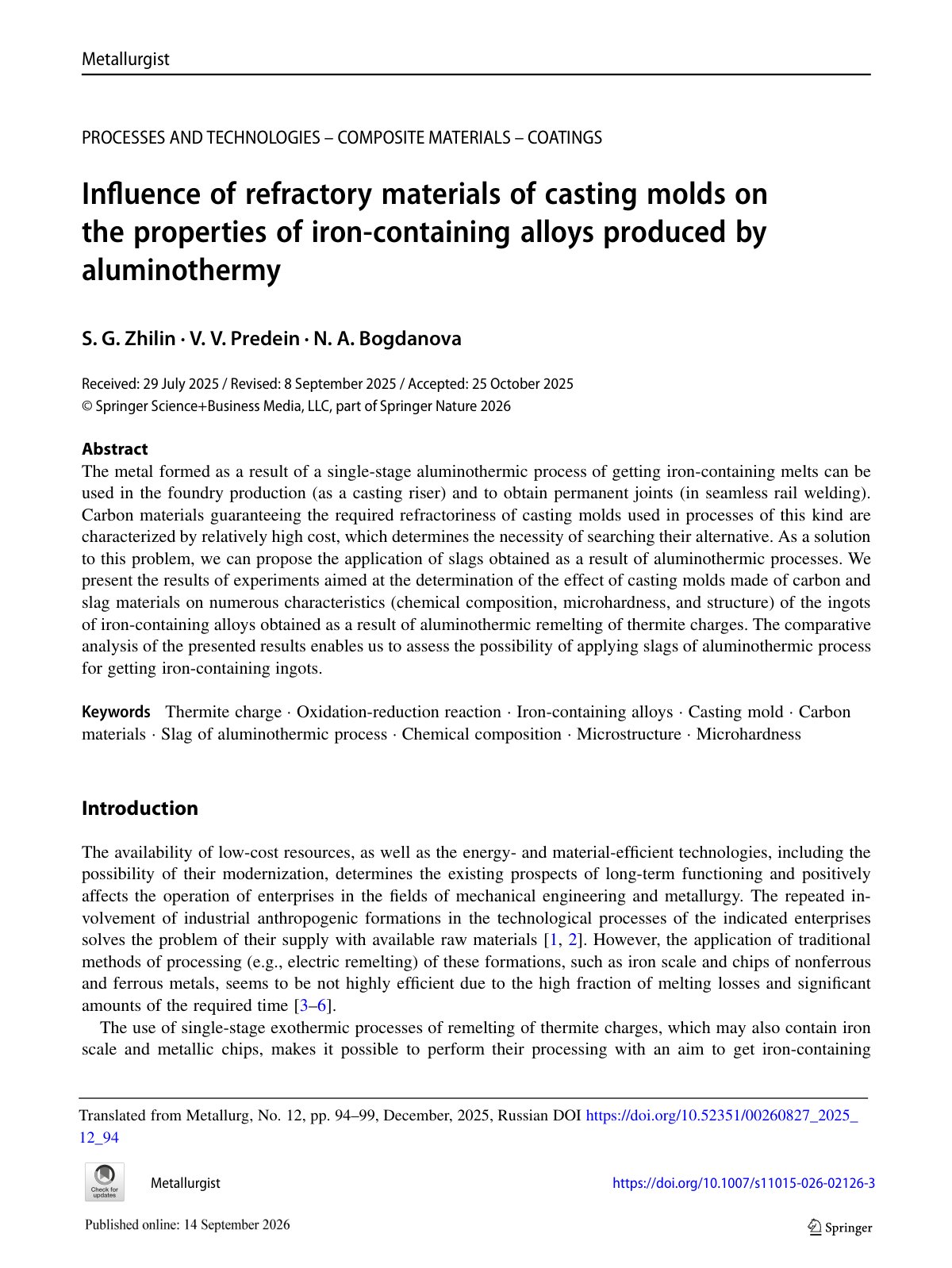 First page of Inﬂuence of refractory materials of casting molds on the properties of iron-containing alloys produced by aluminothermy