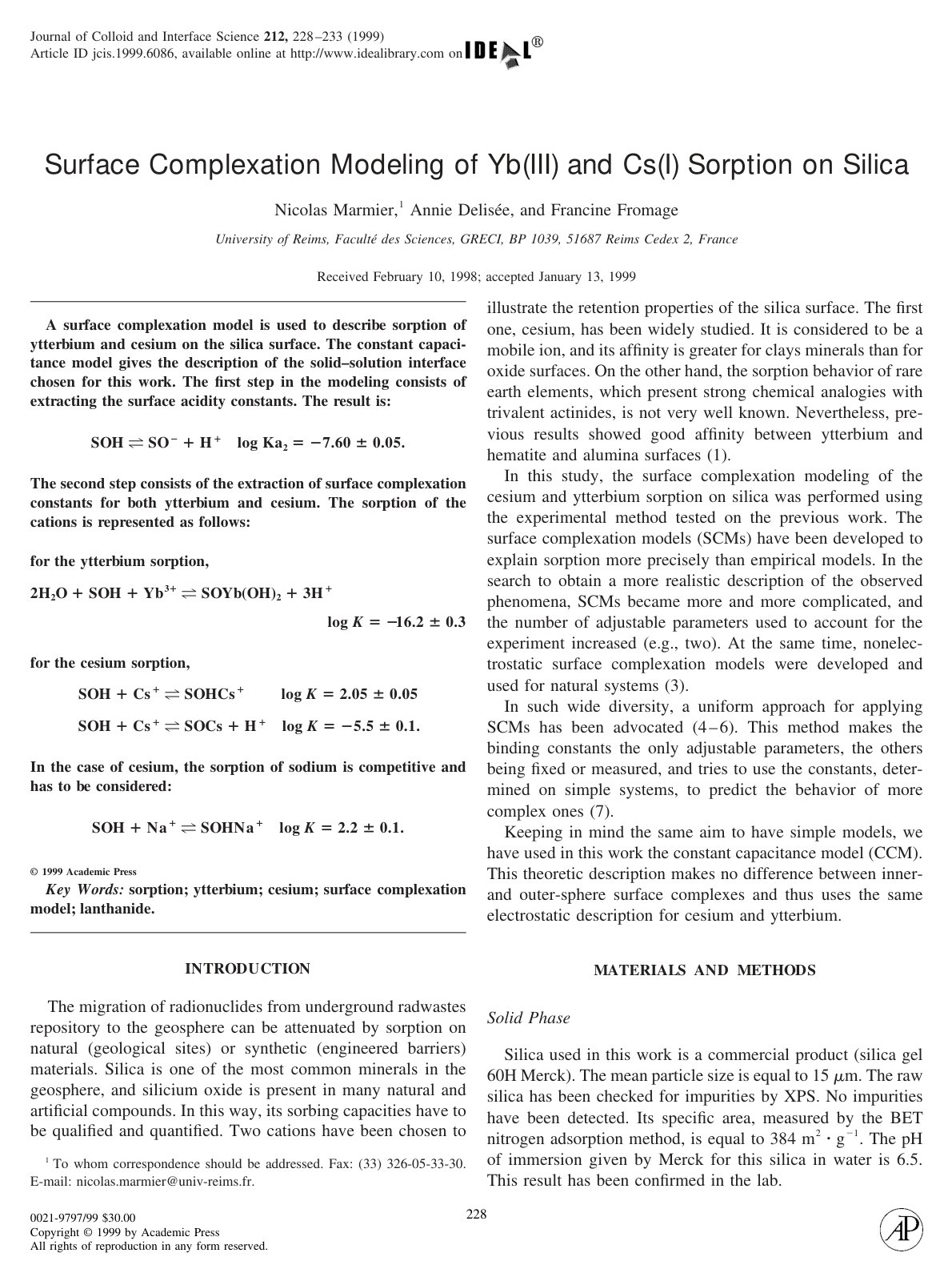 First page of Surface Complexation Modeling of Yb(III) and Cs(I) Sorption on Silica