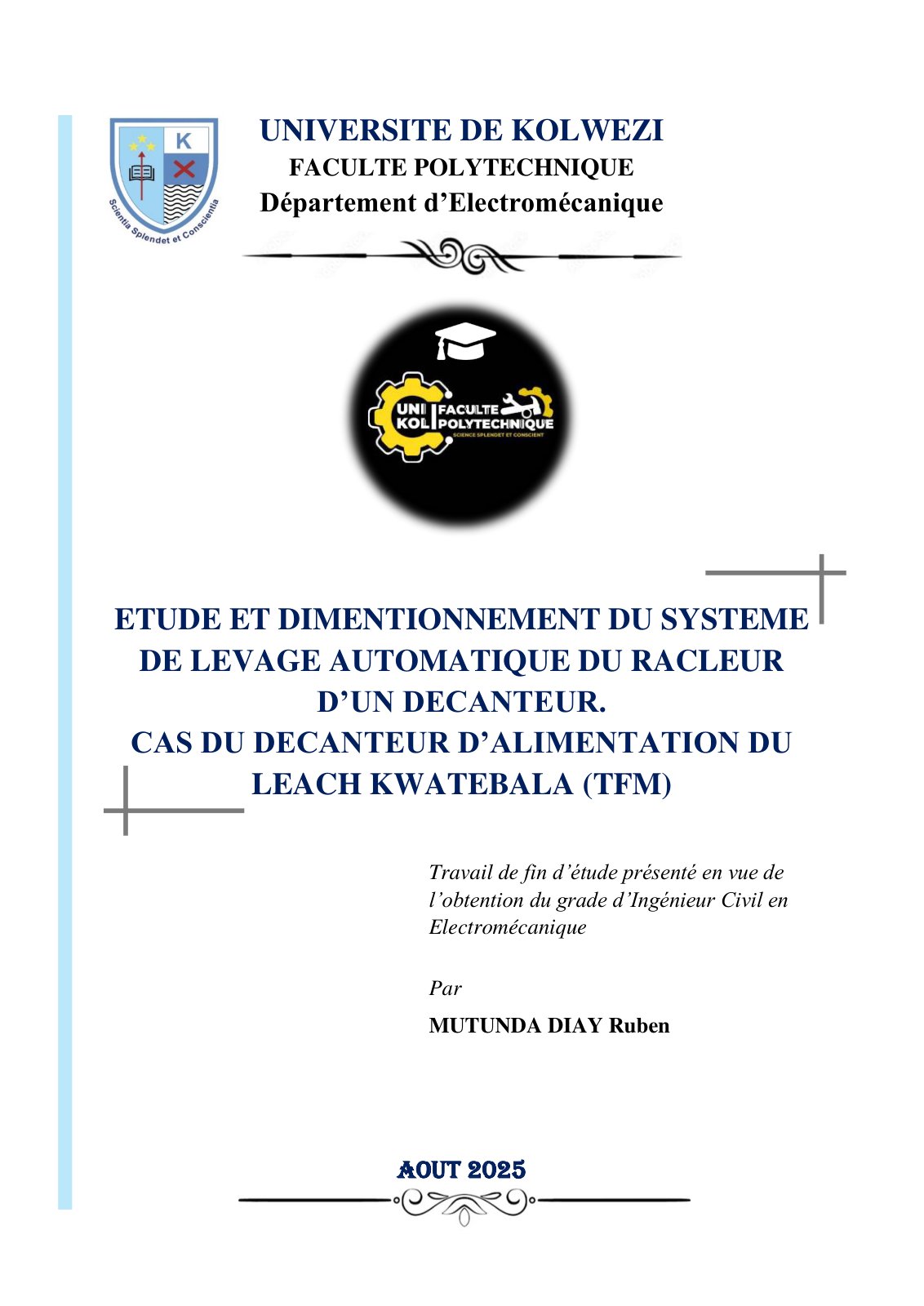 First page of ETUDE ET DIMENTIONNEMENT DU SYSTEME DE LEVAGE AUTOMATIQUE DU RACLEUR D’UN DECANTEUR.