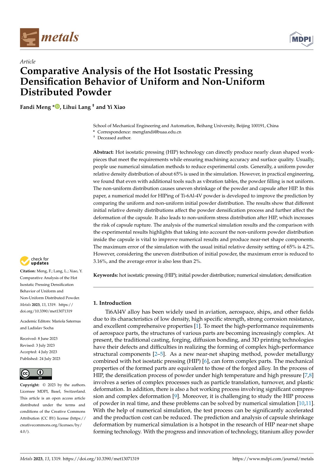 First page of Comparative Analysis of the Hot Isostatic Pressing Densification Behavior of Uniform and Non-Uniform Distributed Powder