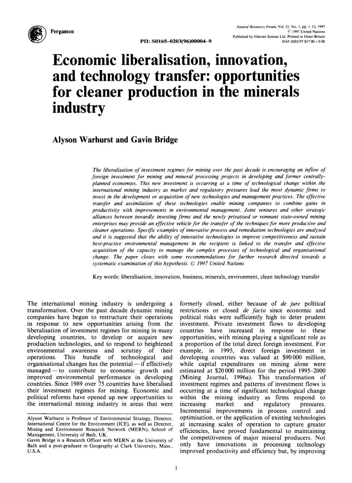 First page of Economic liberalisation innovation and t