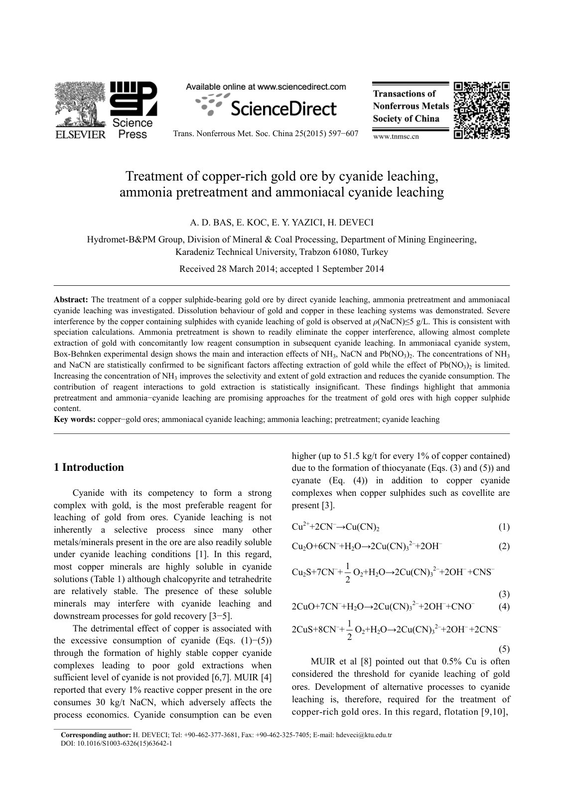 First page of Treatment of copper rich gold ore by cya