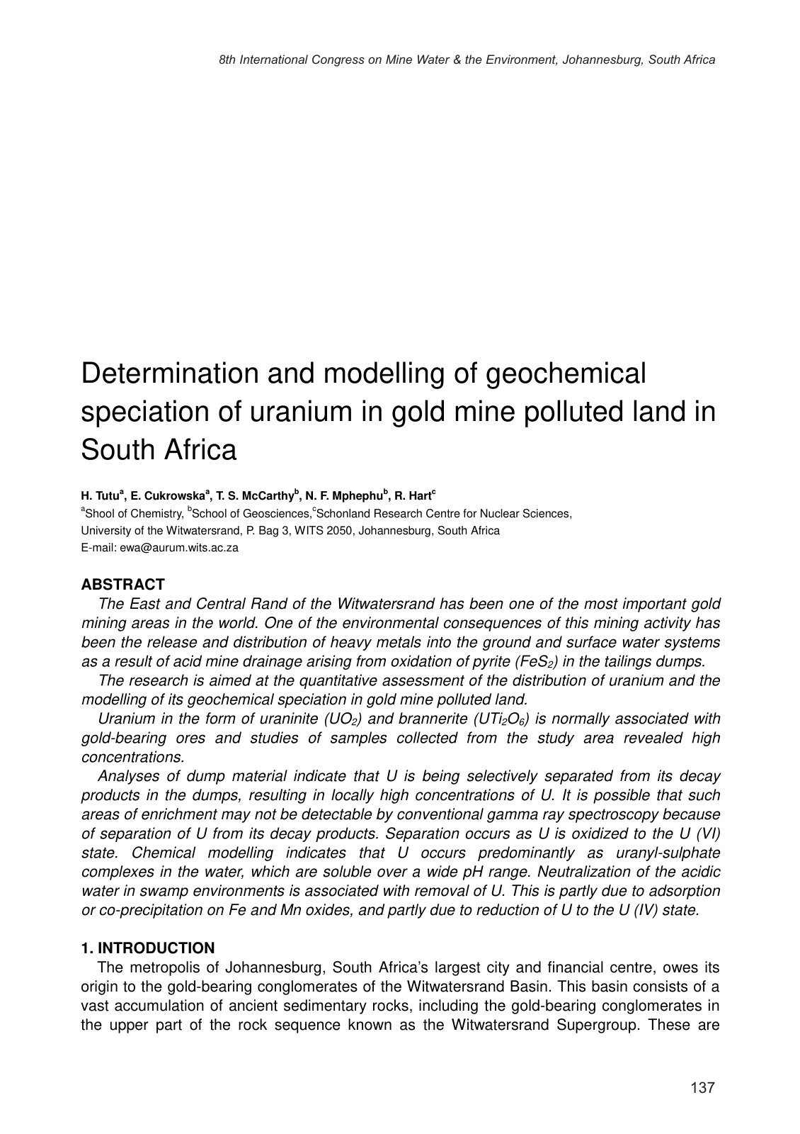 First page of Determination and modelling of geochemical speciation of uranium in gold mine polluted land in South Africa