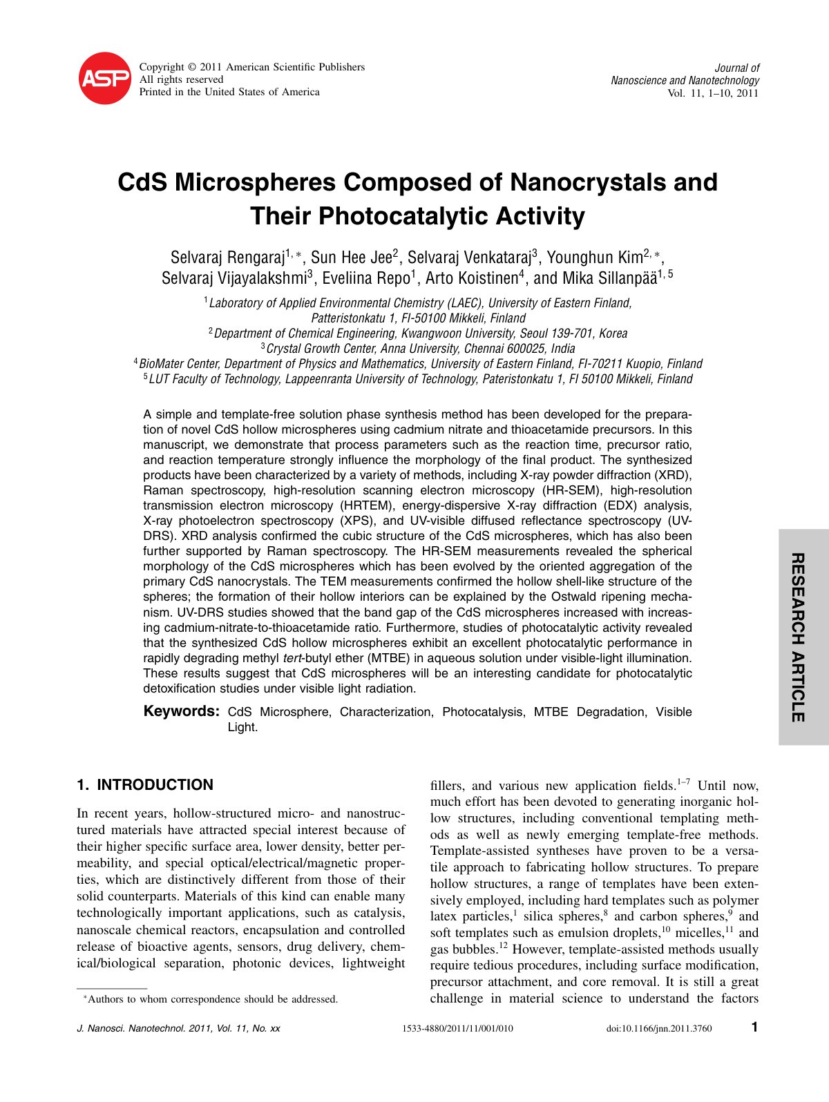 First page of CdS Microspheres Composed of Nanocrystals and Their Photocatalytic Activity