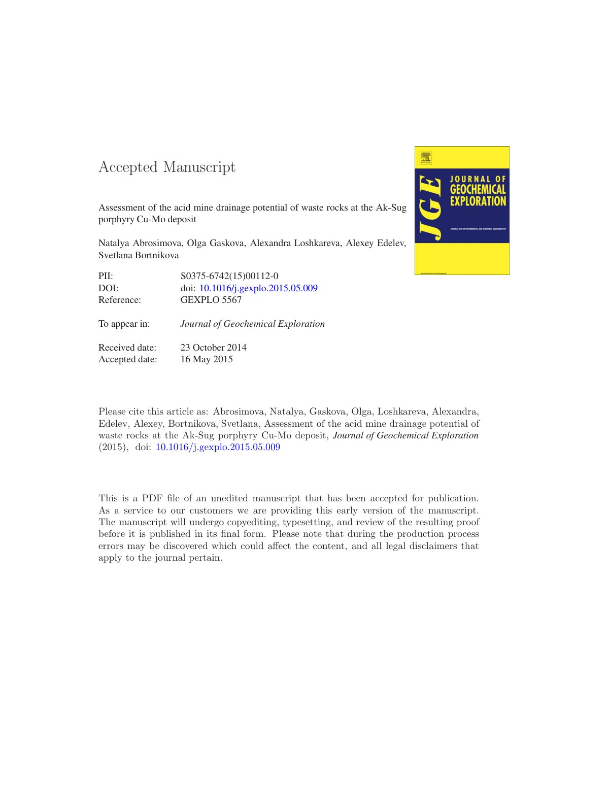 First page of Assessment of the acid mine drainage potential of waste rocks at the Ak-Sug porphyry Cu-Mo deposit