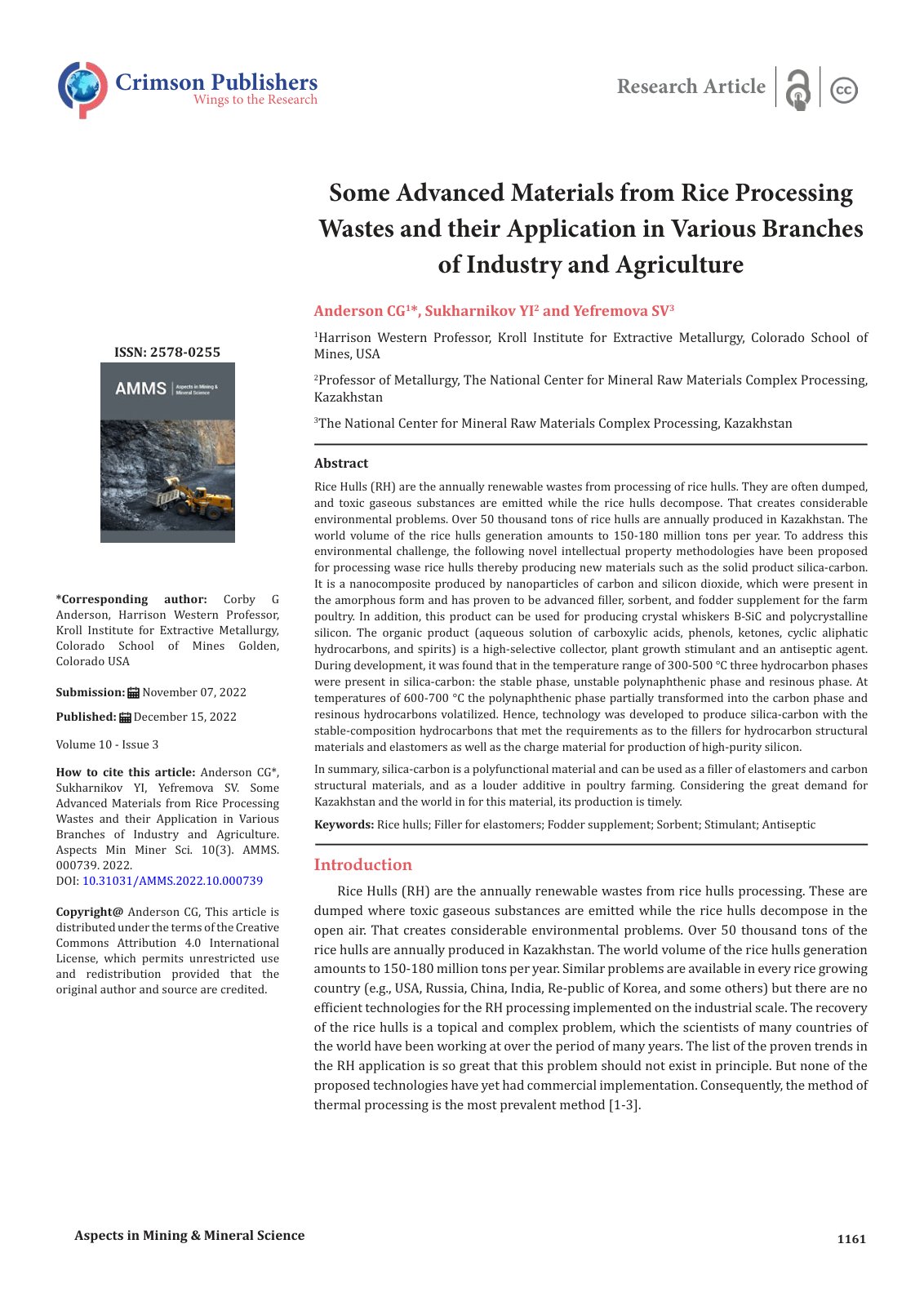 First page of Some Advanced Materials from Rice Processing  Wastes and their Application in Various Branches  of Industry and Agriculture