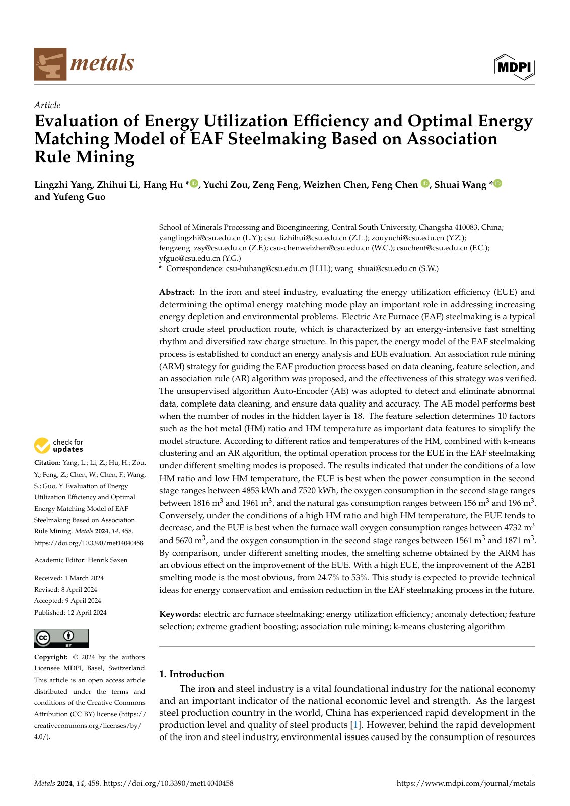 First page of Evaluation of Energy Utilization Efficiency and Optimal Energy Matching Model of EAF Steelmaking Based on Association Rule Mining